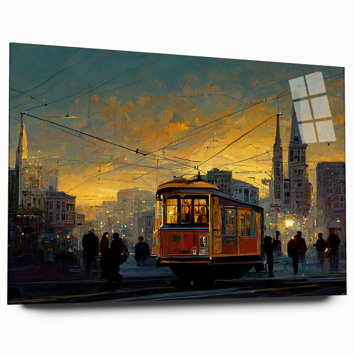 Large abstract wall art of the San Francisco skyline in muted blue tones on acrylic glass.