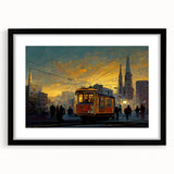Colorful abstract art print of San Francisco skyline with textured design on a large framed canvas.
