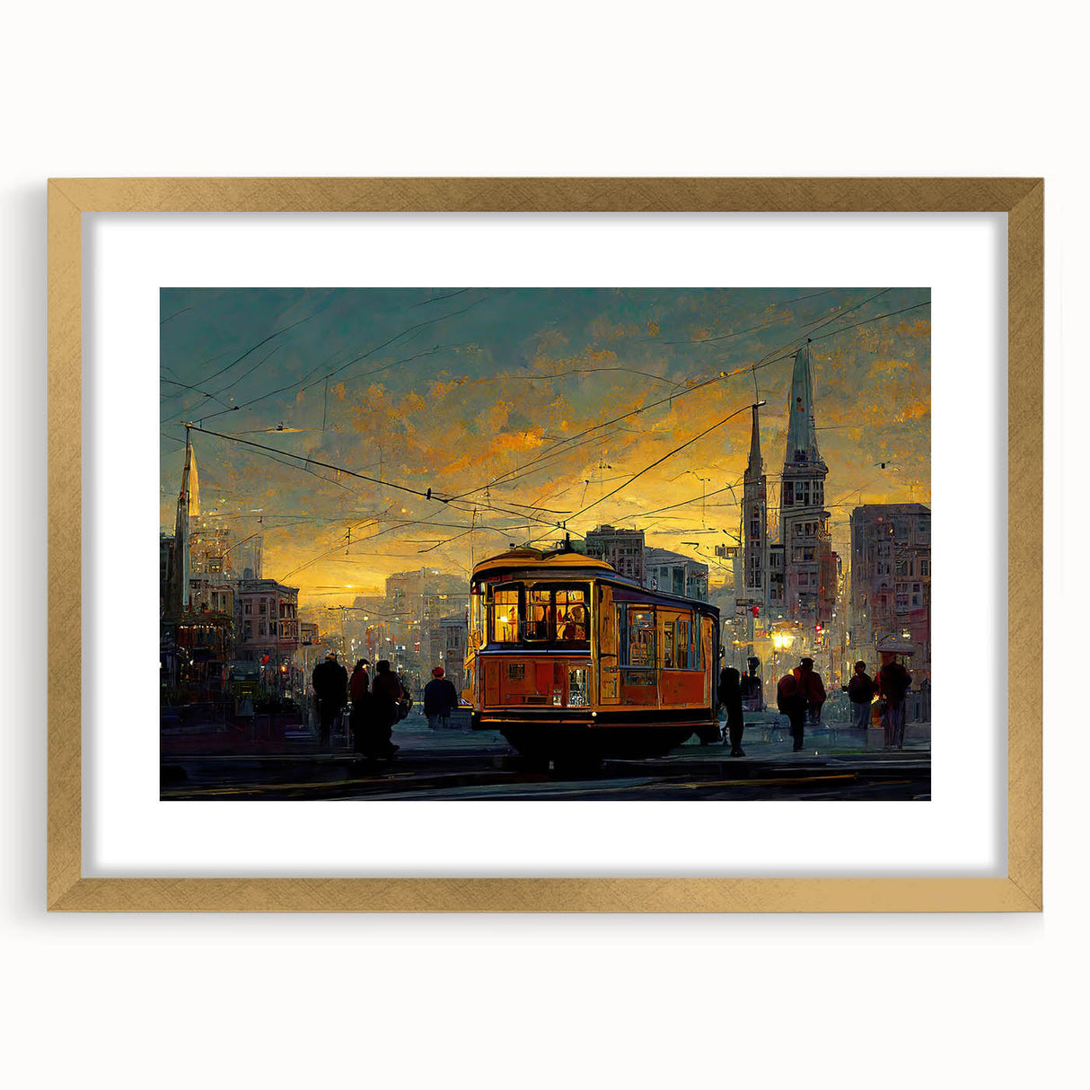 Extra large abstract art print of San Francisco in textured gold frame, ideal for living room decor.