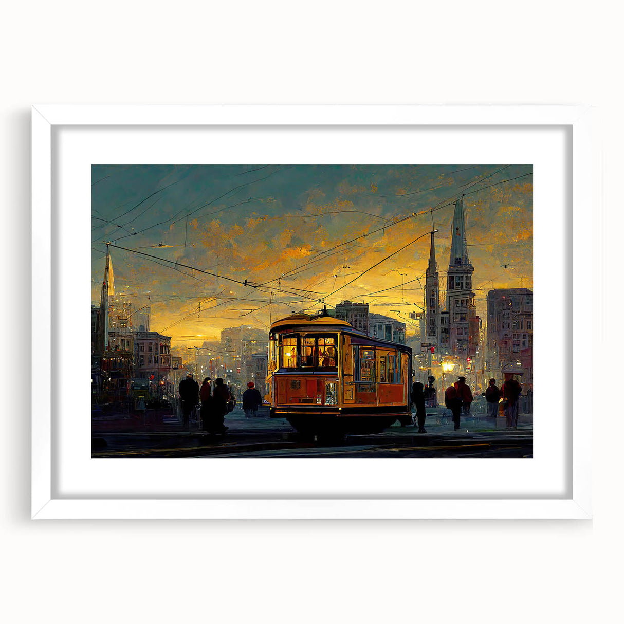 Abstract art print of San Francisco skyline in muted blue tones on a white-framed canvas, suitable for dining room decor.