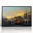 Large abstract wall art depicting the San Francisco skyline in muted, mid-century modernist style on a framed acrylic print.