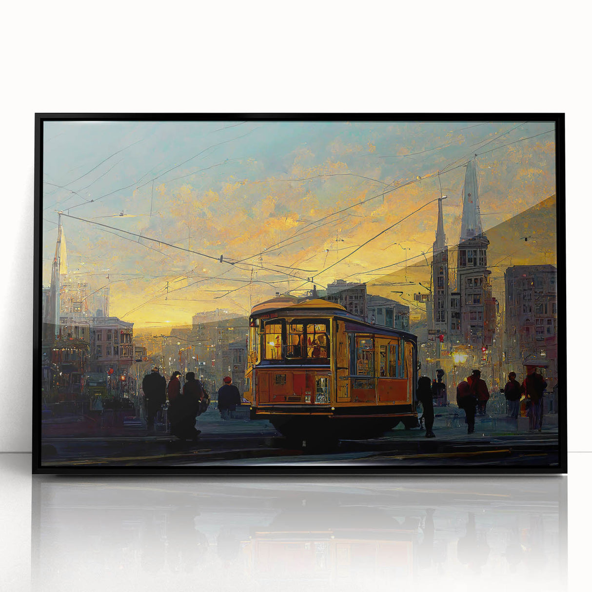Large abstract wall art depicting the San Francisco skyline in muted, mid-century modernist style on a framed acrylic print.