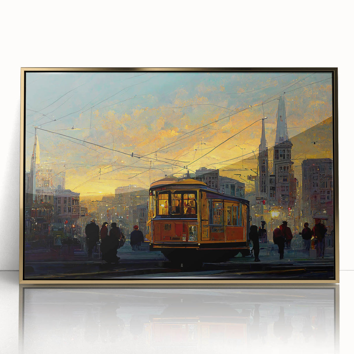 Large art print of San Francisco skyline in mid-century modernist style on gold-framed acrylic.