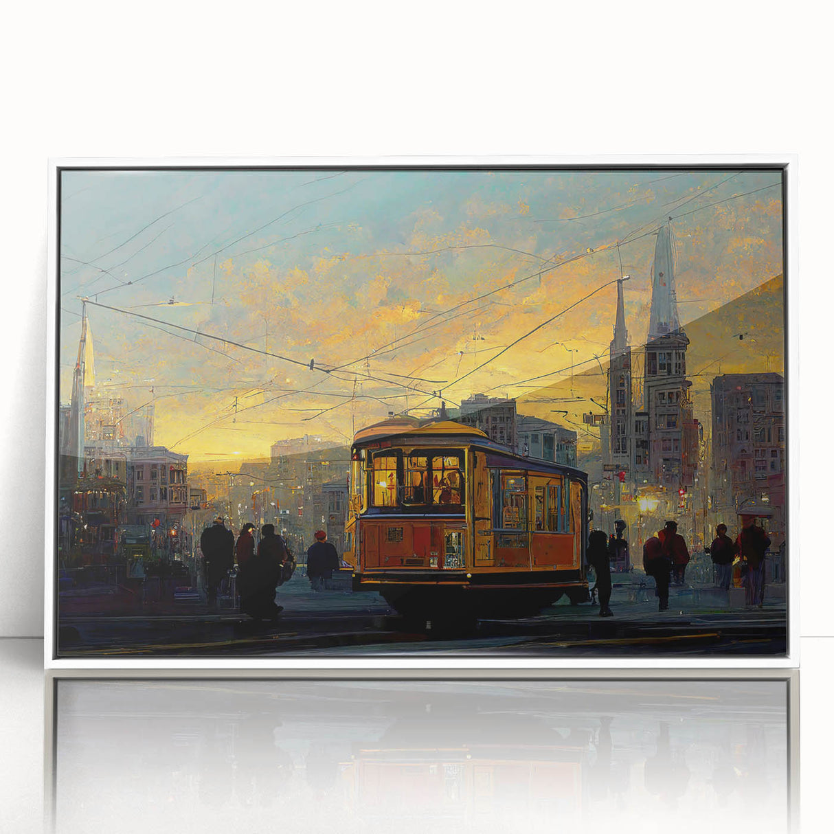 Acrylic print of San Francisco skyline in art deco style with muted blue and gray tones, suitable for modern nursery decor.