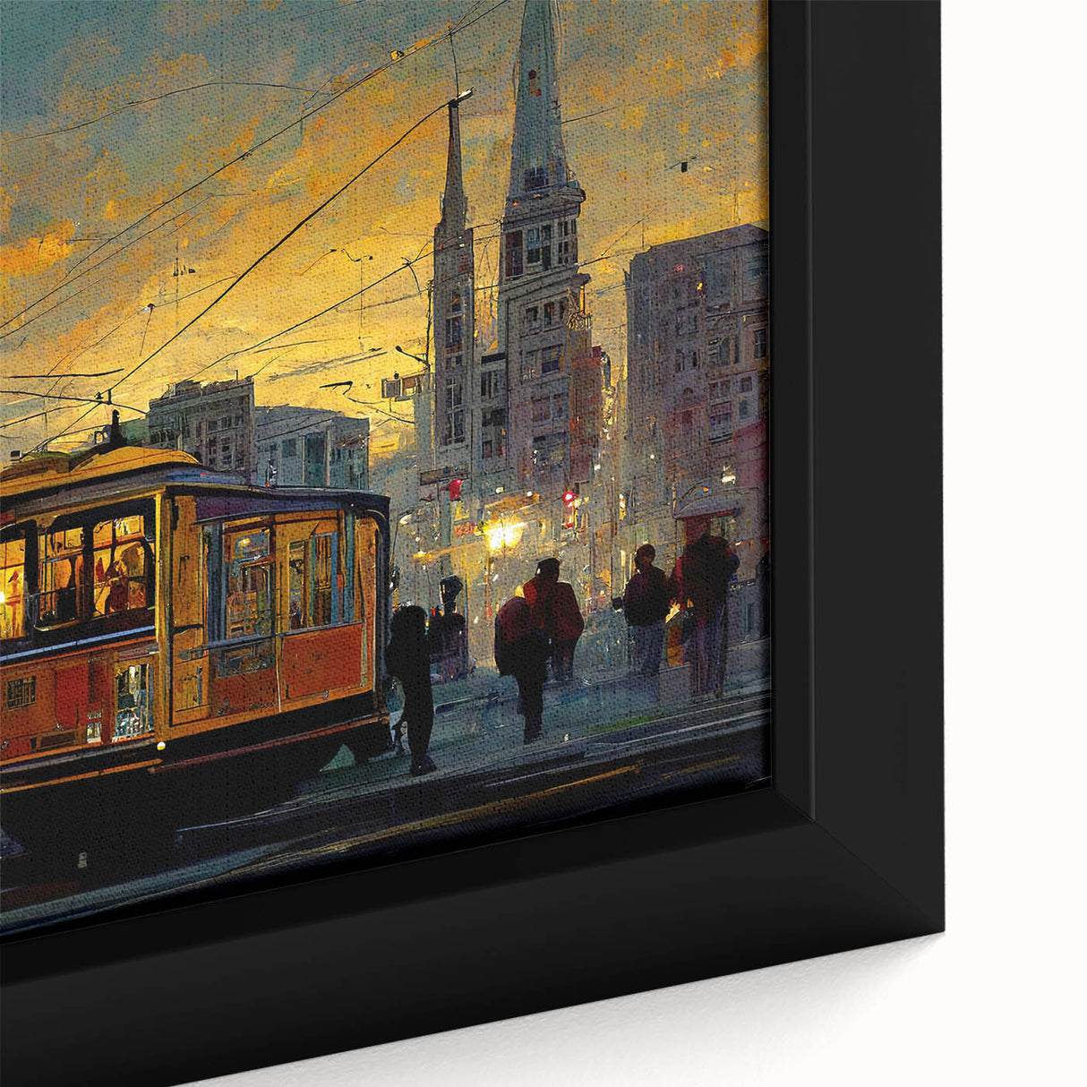 Extra large framed canvas featuring a textured depiction of San Francisco in black with colorful accents.