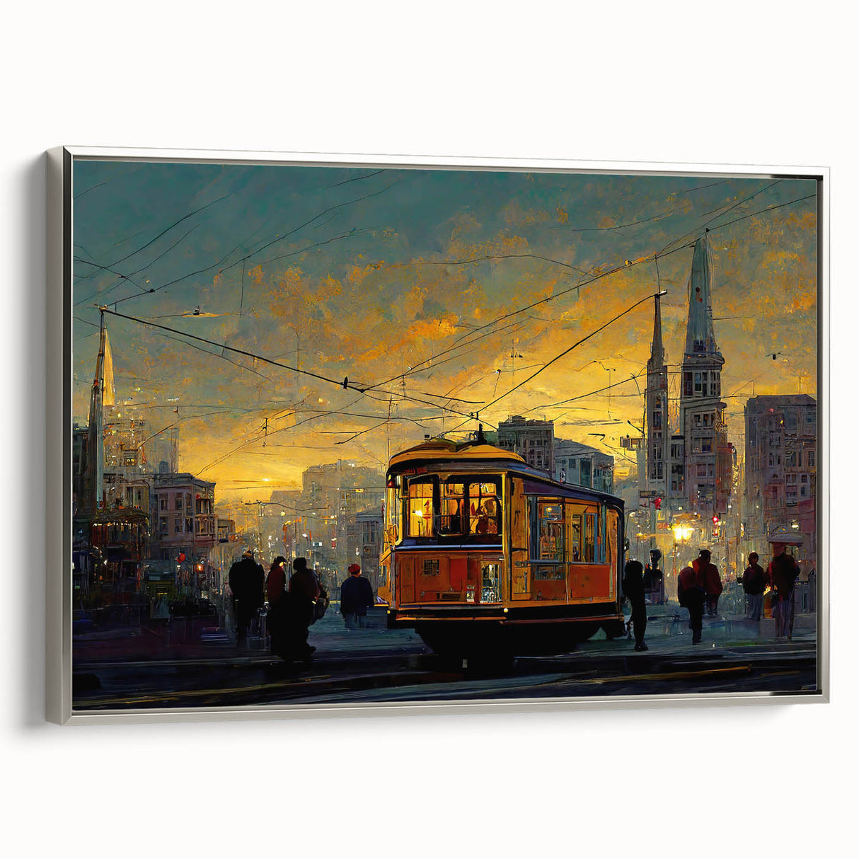 Framed canvas featuring a vintage-style landscape art painting of the San Francisco skyline in colorful hues.