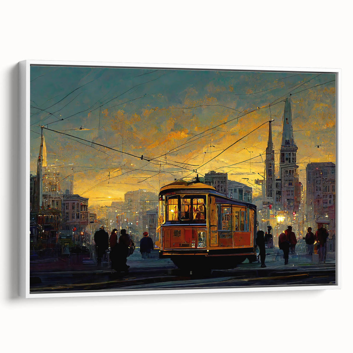 Vintage poster art of San Francisco skyline in vibrant colors on a large framed canvas, ideal for living room decor.