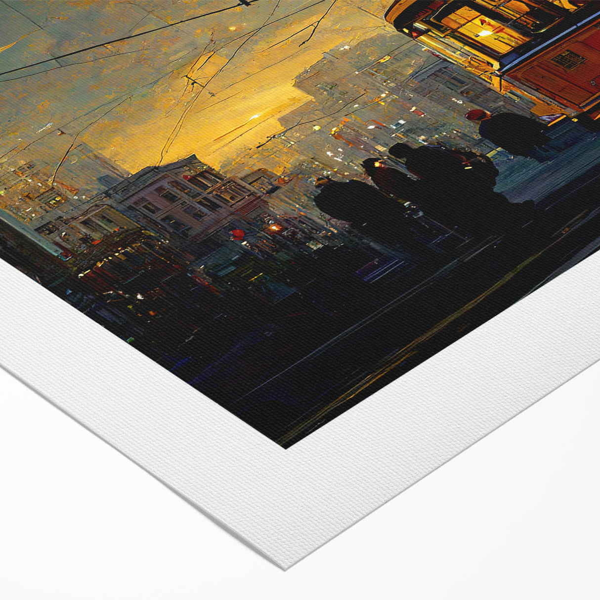 Art deco poster of San Francisco skyline in monochrome shades on rolled canvas, suitable for dining room wall art.