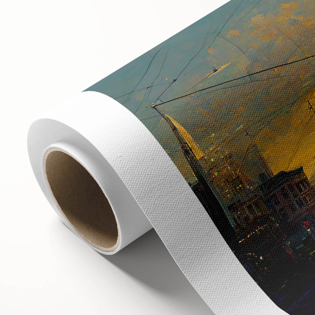 Art Deco style poster of San Francisco skyline in pastel shades on rolled canvas, ideal for nursery wall art.