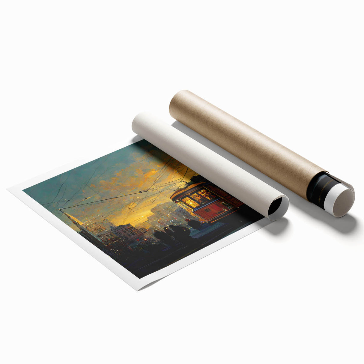 Extra large rolled print of San Francisco scenery with floral accents in pastel shades, ideal for classy bathroom wall art.