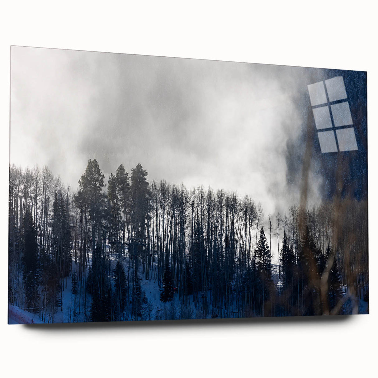 Acrylic print of a large abstract depiction of Vail, Colorado, using cool blue and gray tones.