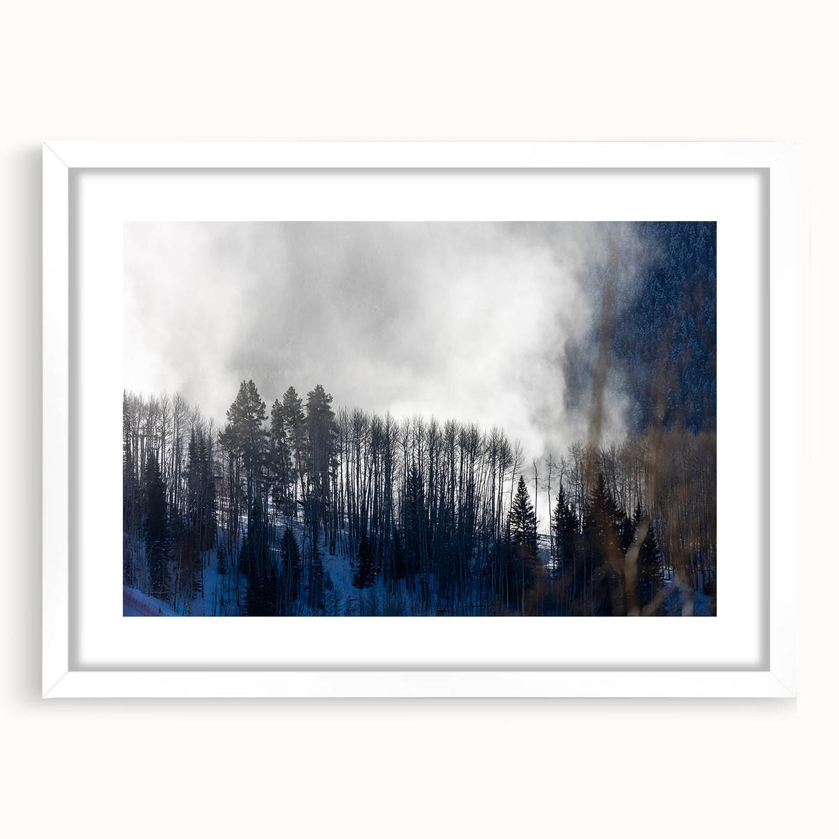 Abstract art print of Vail, Colorado scenery in muted earth tones on a framed white mat, ideal for dining room decor.