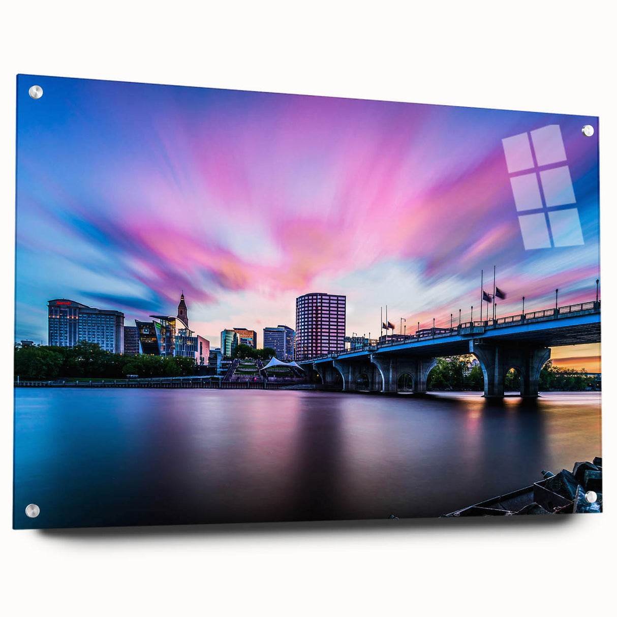 Large abstract wall art depicting a serene Connecticut landscape on acrylic glass, suited for bedroom or dining room decor.