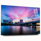 Large abstract wall art print of Connecticut scenery in muted gray and blue tones on acrylic glass.