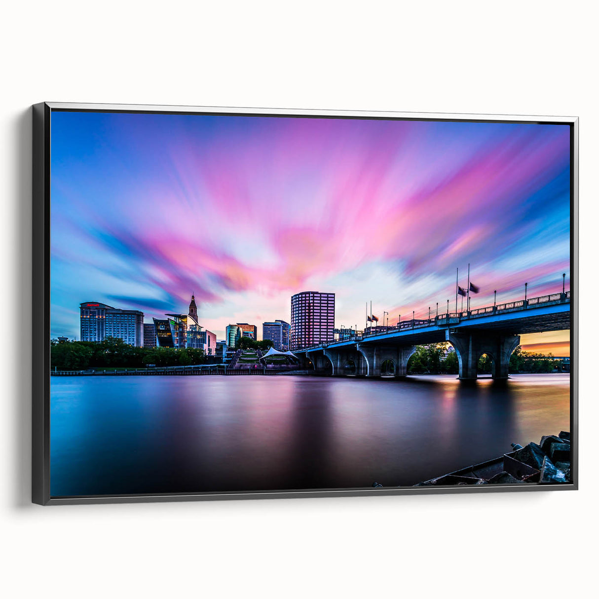 Black and white landscape art painting of Connecticut on framed canvas, suitable for bedroom wall decor.