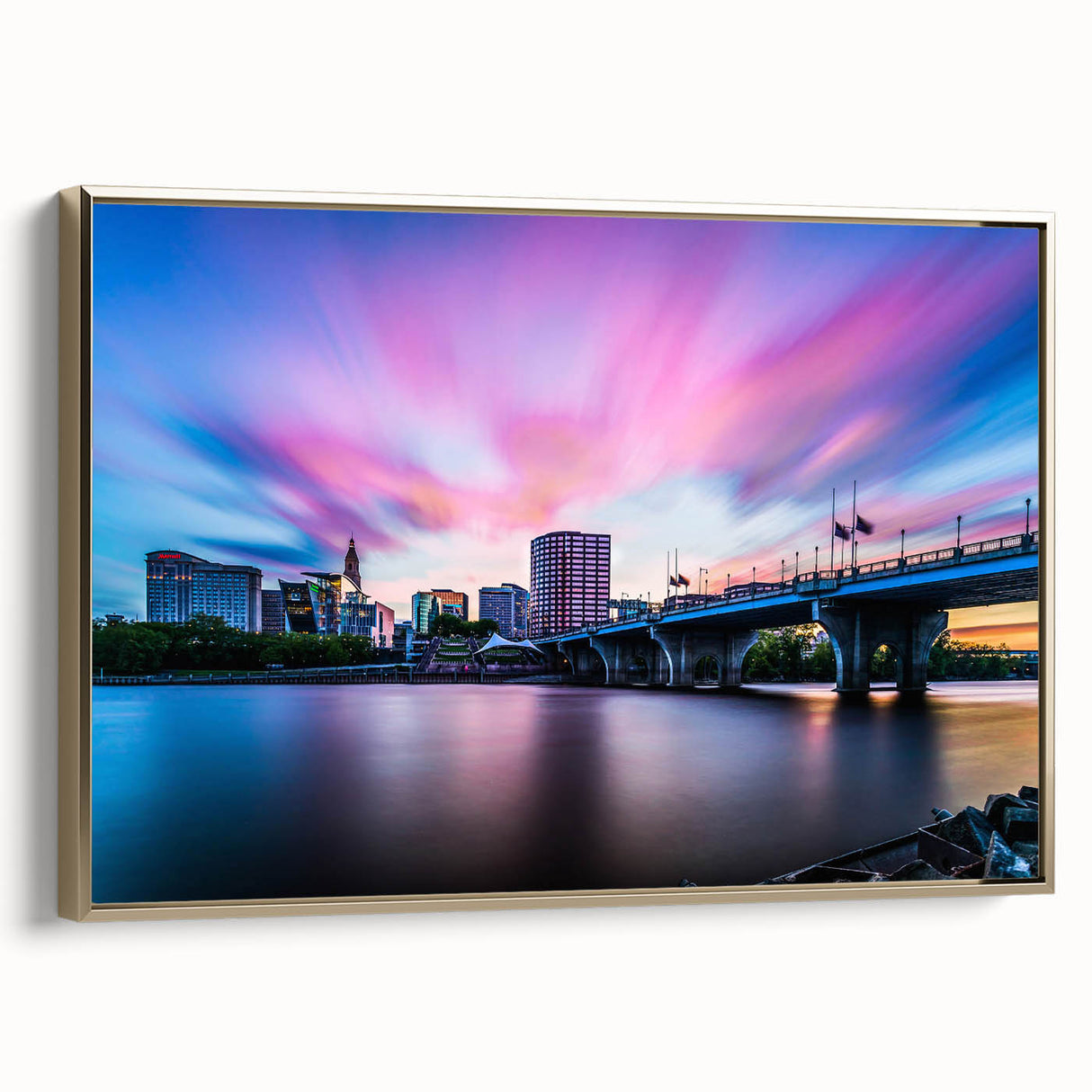 Framed canvas of a Connecticut landscape in muted green and gold tones, suitable for bedroom wall art.