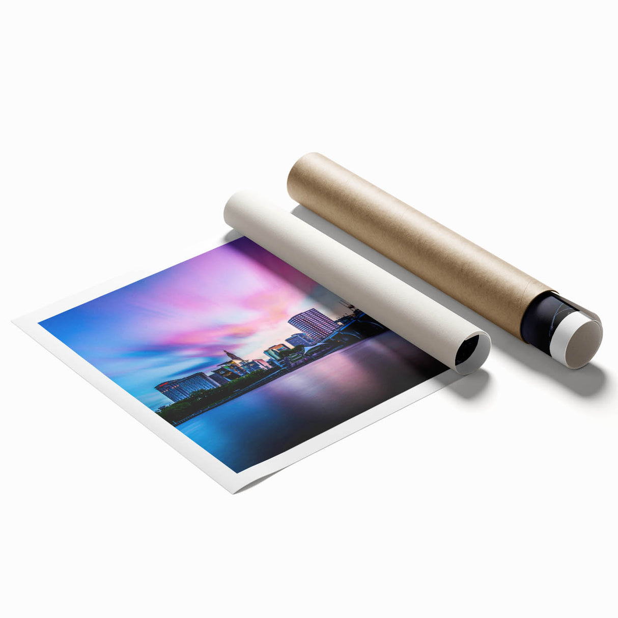 Extra large rolled print of Connecticut scenery with muted floral designs, ideal for classy bathroom wall art.