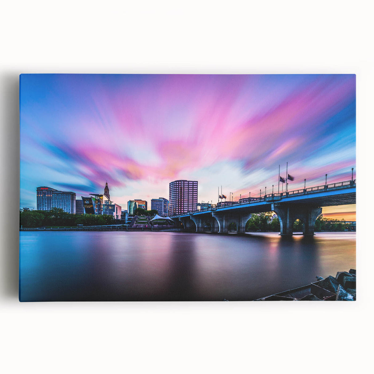 Black and white stretched canvas depicting a serene Connecticut landscape, ideal for kitchen wall art.