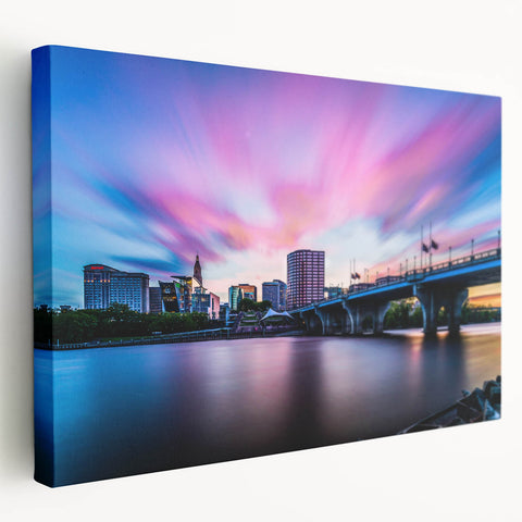 Large art depicting the Connecticut landscape in muted green and blue tones on stretched canvas.