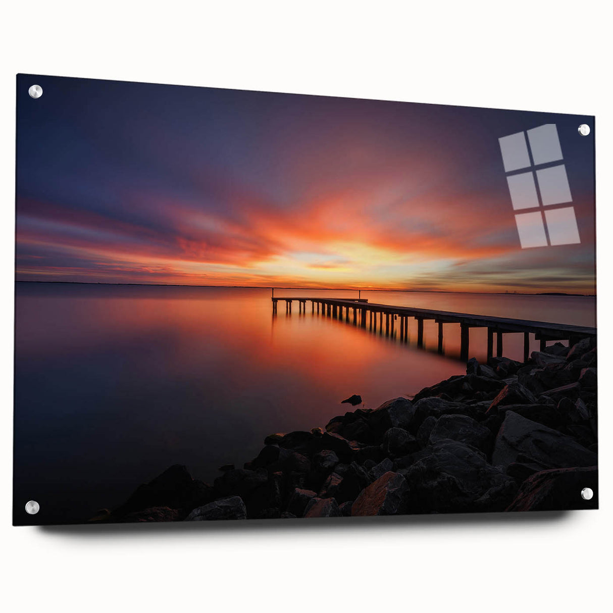 Large abstract wall art depicting Delaware scenery in muted blue and green tones on acrylic glass.