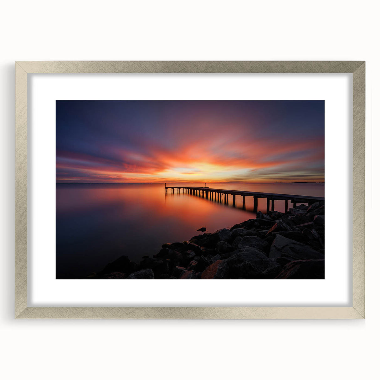 Textured abstract art print depicting a serene Delaware landscape in muted earth tones, framed in silver.