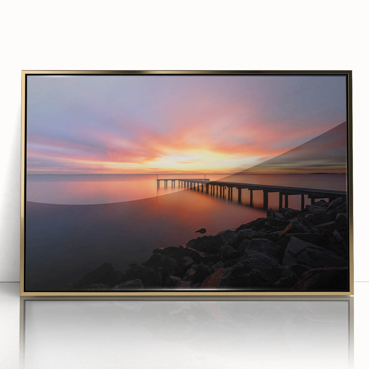 Mid-century modernist acrylic print of Delaware scenery in gold frame, ideal for nursery wall art.