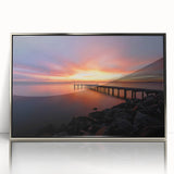 Mid-century modernist art of Delaware scenery in silver acrylic frame, muted color palette, ideal for nursery wall decor.