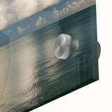 Abstract depiction of Florida Keys in muted blues and greens on large acrylic glass, suitable for dining room art.