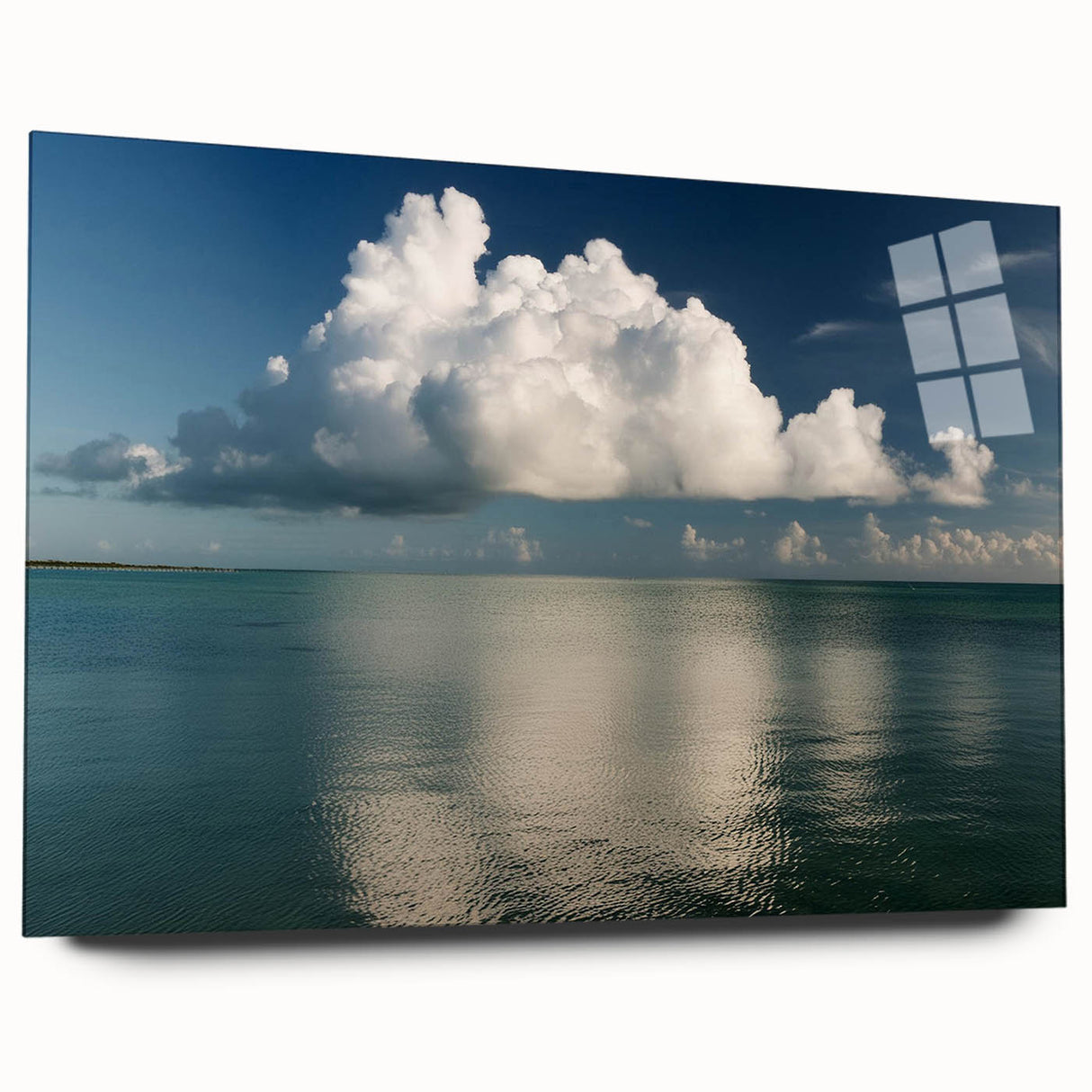 Large abstract depiction of the Florida Keys in muted blue and green tones on acrylic glass.