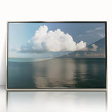 Mid-century modernist art depicting Florida Keys scenery in pastel shades on a silver-framed acrylic print.