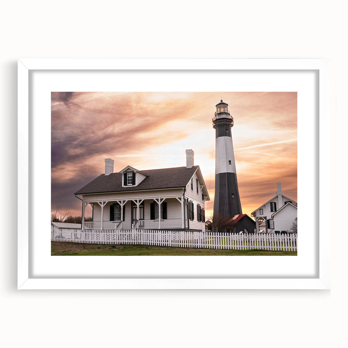 Abstract art print of Savannah scenery in muted green and blue tones on a white framed canvas.