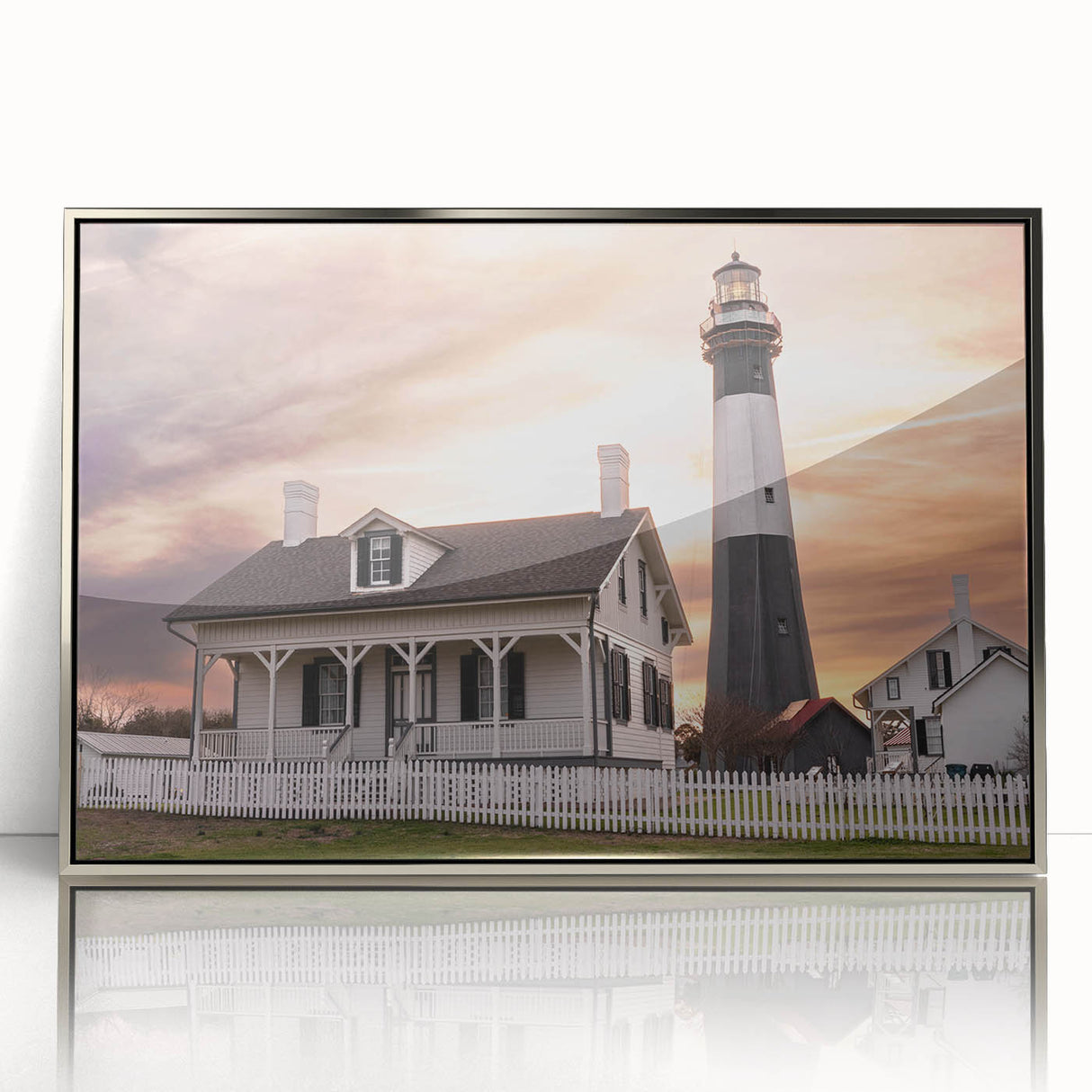 Mid-century modernist art depicting Savannah, Georgia with muted earth tones on a silver-framed acrylic print.