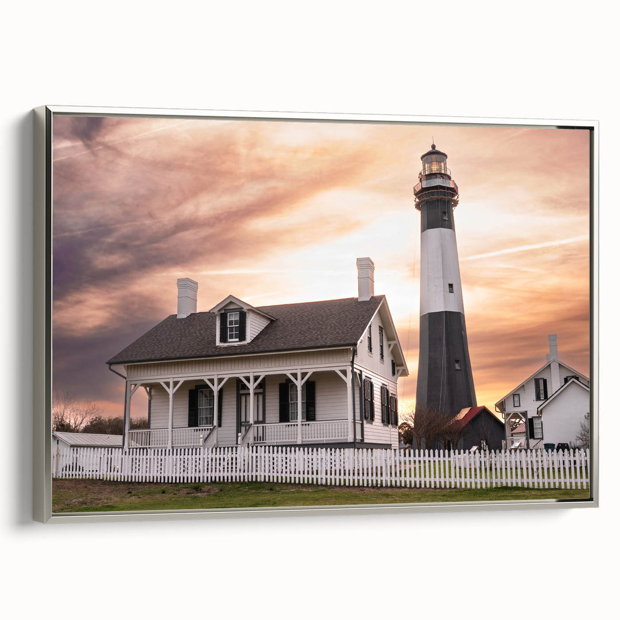 Framed canvas landscape art painting of Savannah, Georgia, with vibrant colors on a black background.