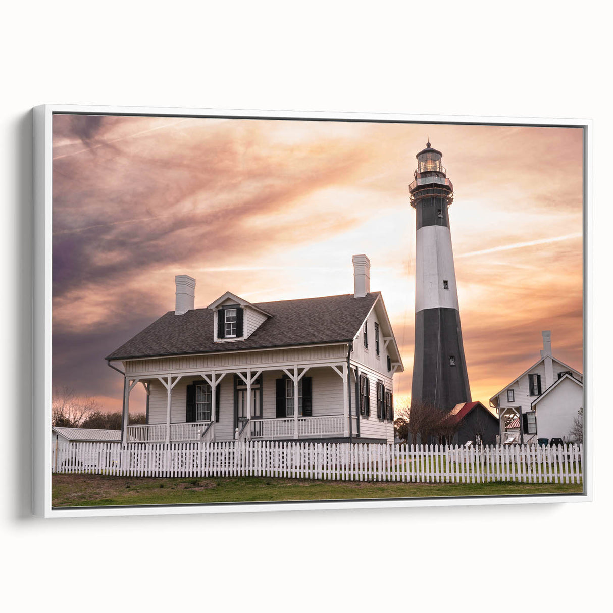 Vintage poster art of Savannah, Georgia, featuring colorful buildings on a black framed canvas, ideal for living room decor.