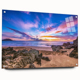 Acrylic print of a large abstract depiction of Kauai's landscape in muted green and blue tones.