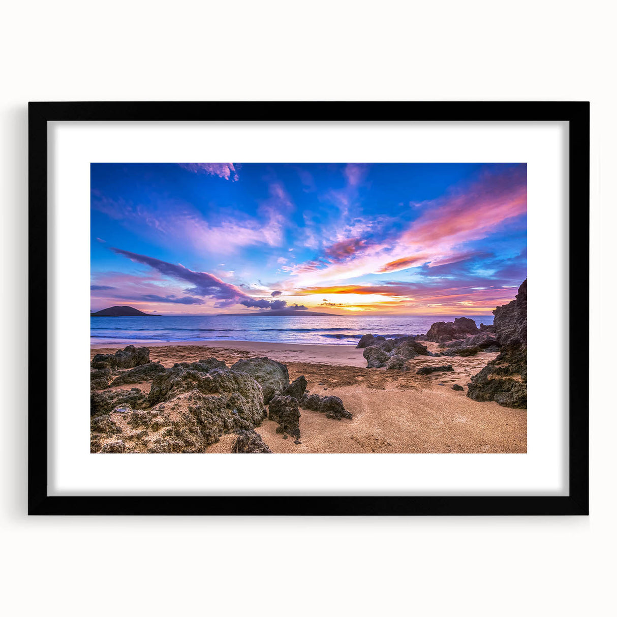 Extra large framed abstract print of a colorful, textured Kauai landscape, ideal for living room decor.