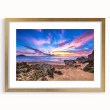 Extra large abstract art print of Kauai scenery, featuring textured green and blue tones on a framed gold mat.