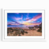 Abstract art print of Kauai landscape in muted green and blue tones on a white framed canvas, suitable for dining room decor.