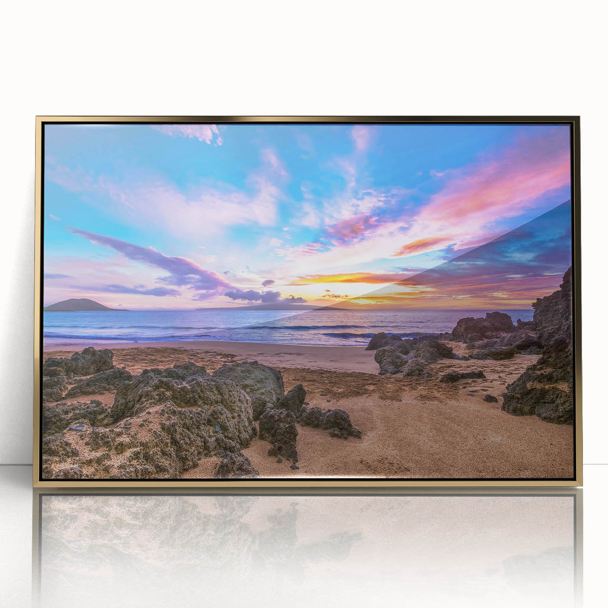 Large art print of Kauai, Hawaii scenery in muted earth tones on a gold-framed acrylic, ideal for modern art wall decor.