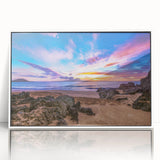 Art deco style poster of Kauai, Hawaii landscape in muted green and blue tones on white framed acrylic.