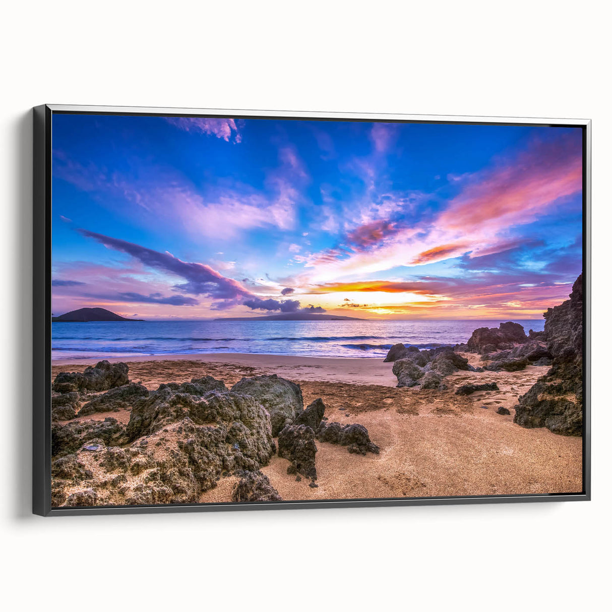 Black and white wall art of Kauai landscape on framed canvas, suitable for bedroom decor.