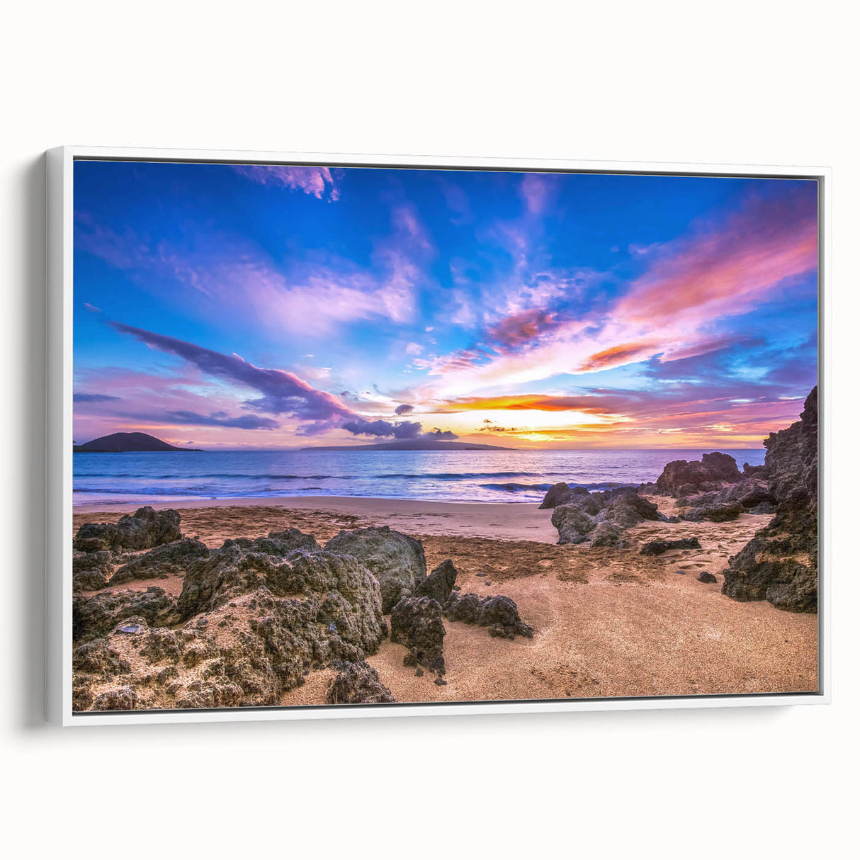 Framed canvas of a vintage poster art depicting the scenic Kauai, Hawaii in vibrant colors, ideal for living room decor.