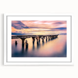 Abstract art print of Maui scenery in muted green and blue tones, framed with a white mat, ideal for dining room decor.