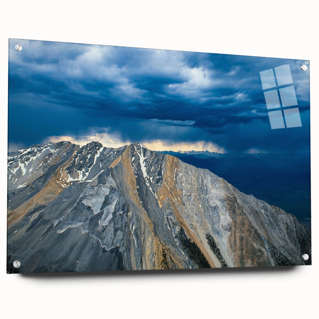 Large abstract wall art of Idaho scenery in muted earth tones on acrylic glass, ideal for bedroom or dining room decor.