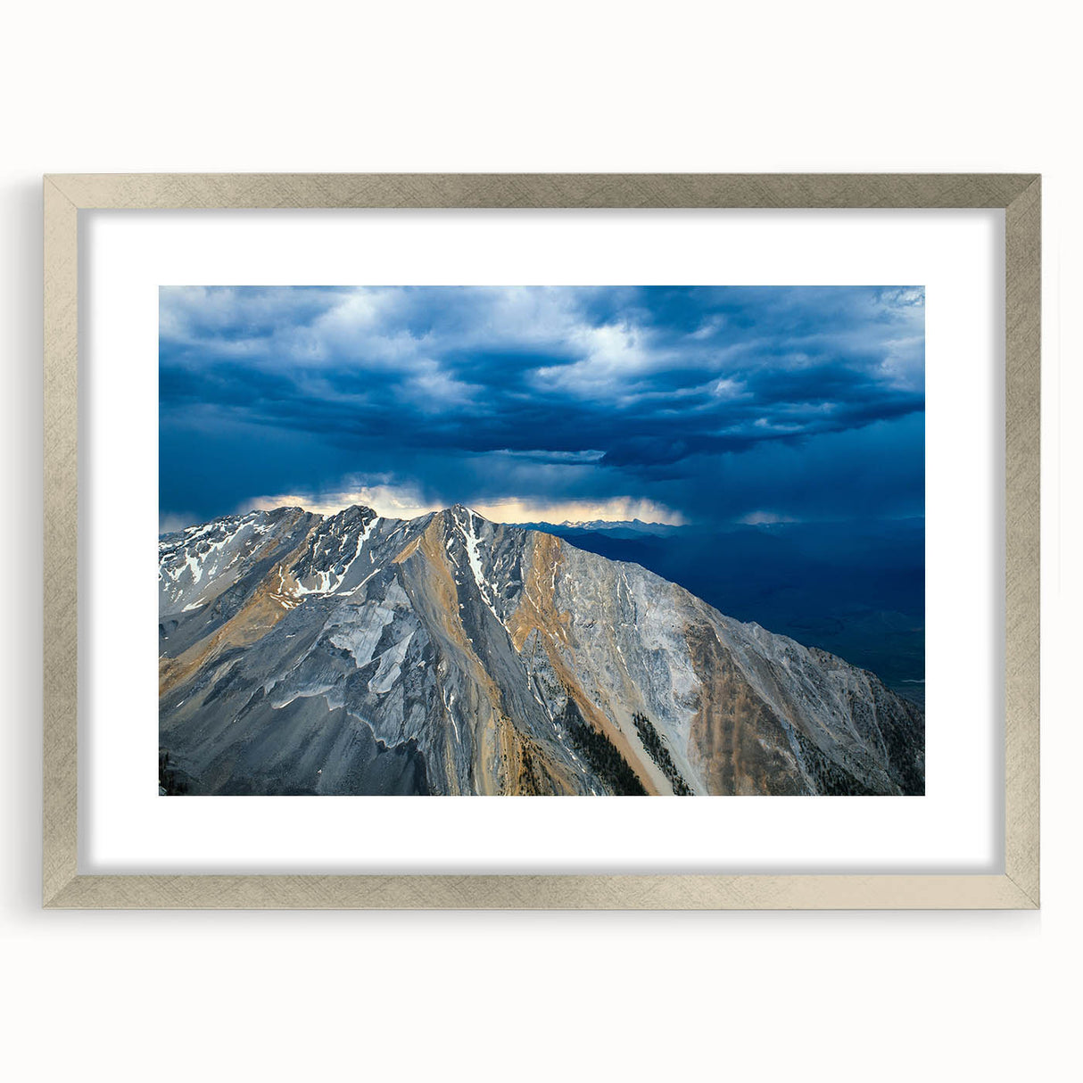 Textured abstract art print featuring a silver-framed Idaho scenery in muted earth tones, ideal for bedroom art.