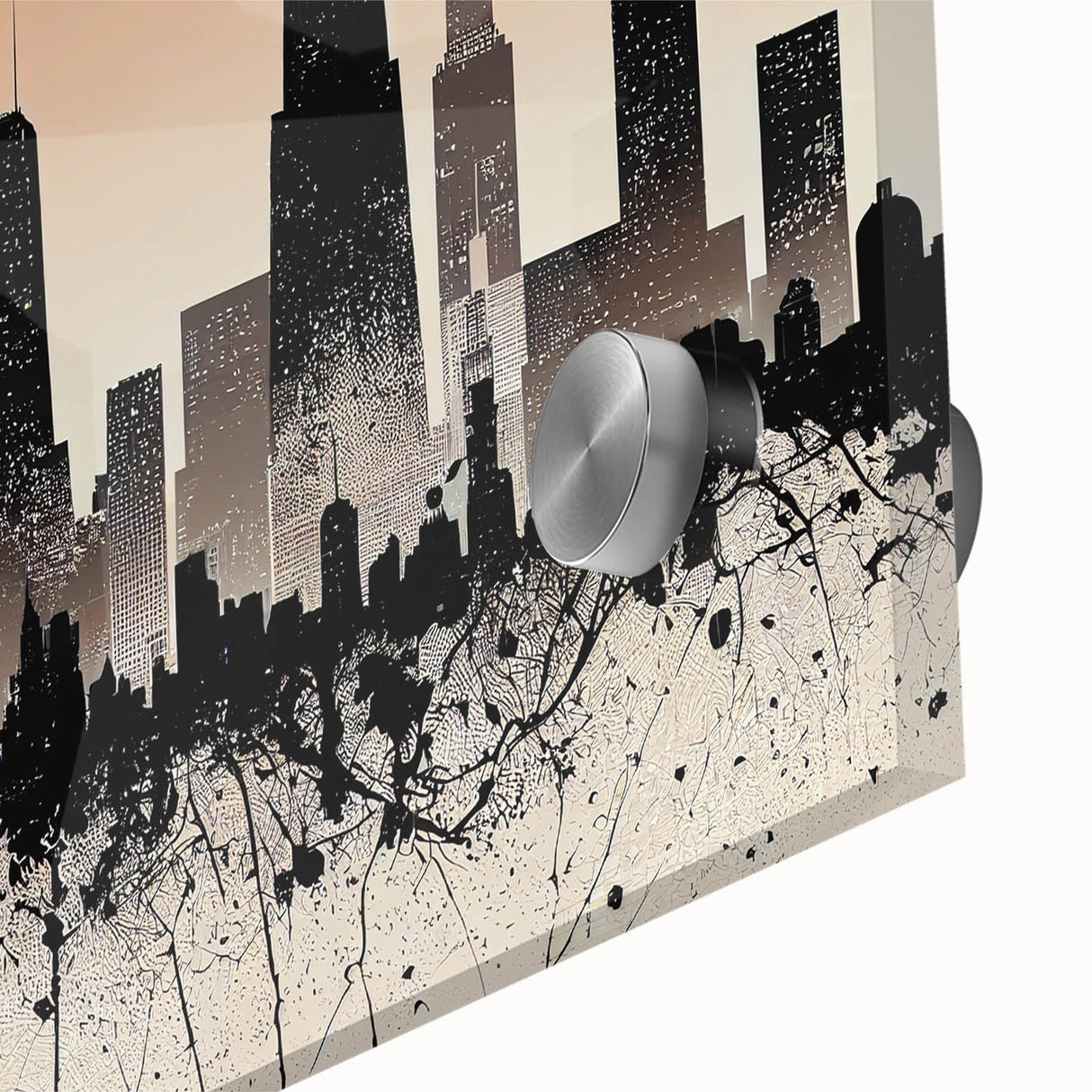 Large abstract depiction of the Chicago skyline in muted blue and gray tones on acrylic glass, suitable for dining room art.
