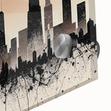 Large abstract depiction of the Chicago skyline in muted blue and gray tones on acrylic glass, suitable for dining room art.