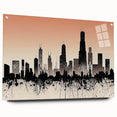 Large abstract depiction of the Chicago skyline in muted blues and grays on acrylic glass.