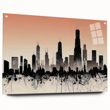 Large abstract depiction of the Chicago skyline in muted blues and grays on acrylic glass.