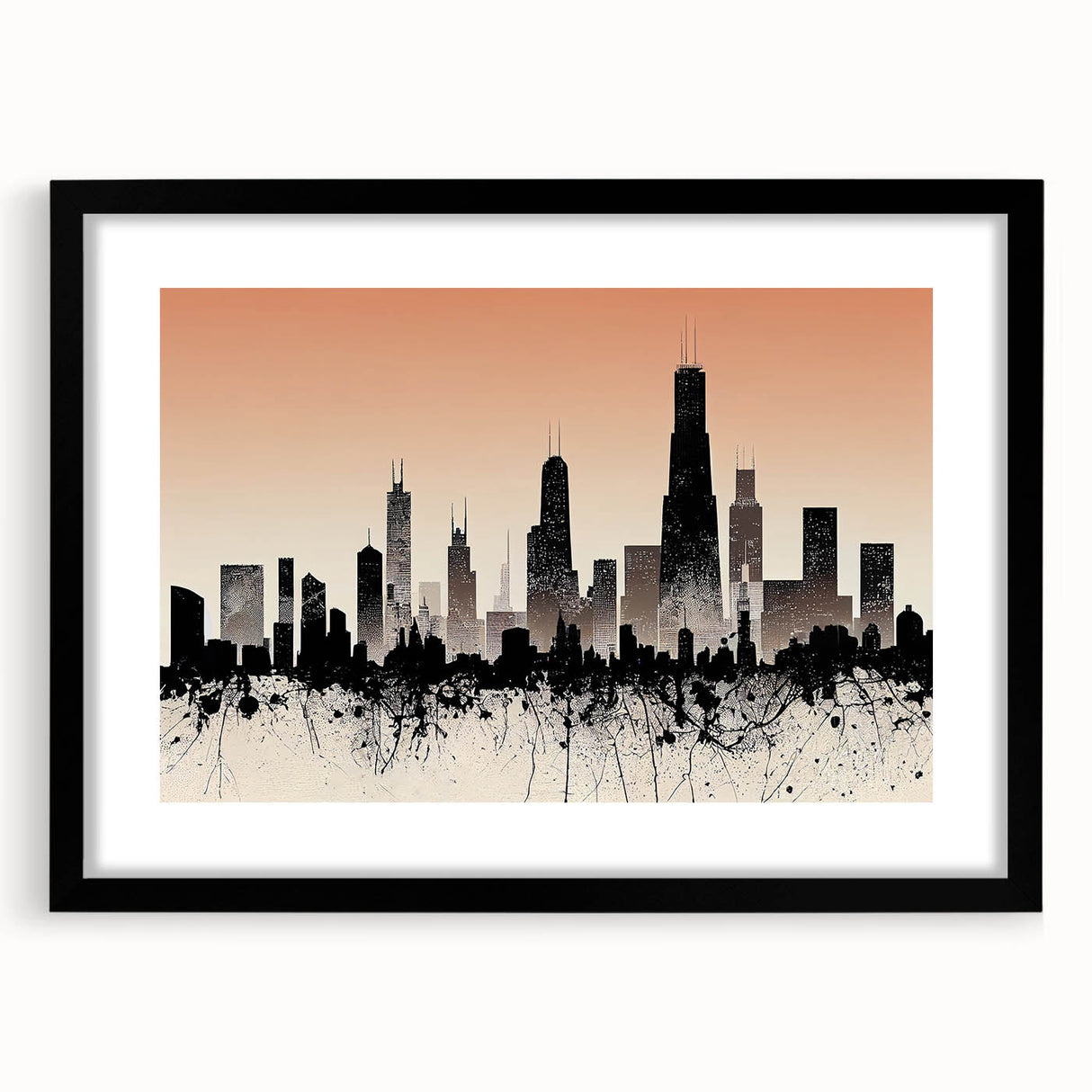 Extra large abstract art print of colorful Chicago skyline on textured canvas, framed in black, ideal for living room decor.